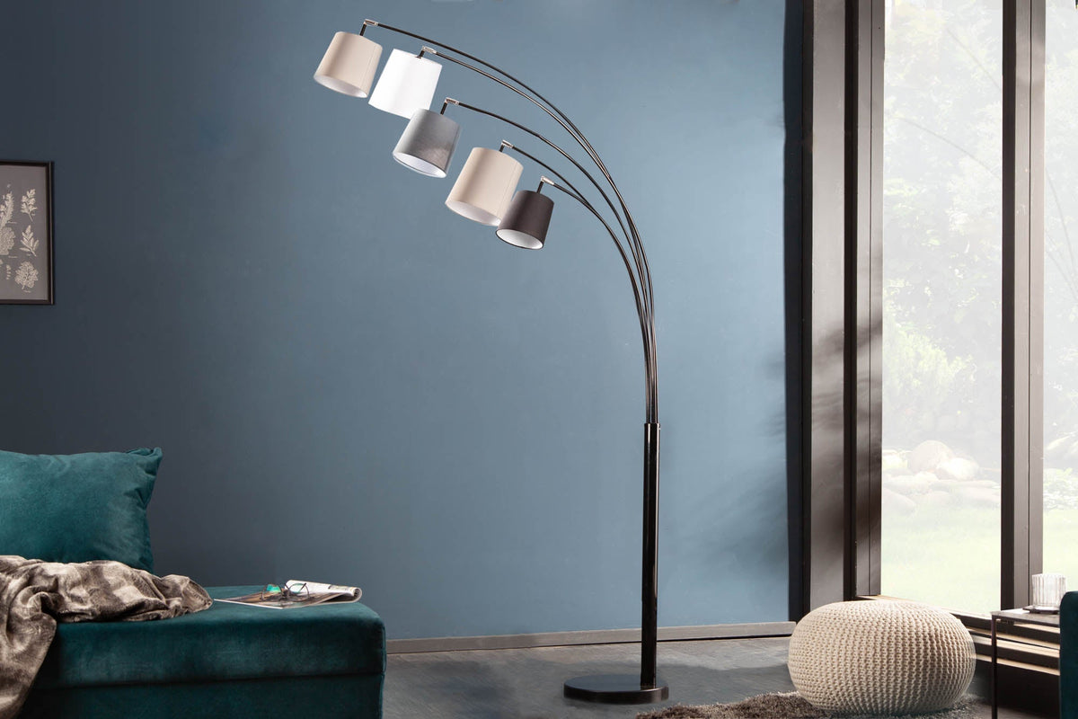 Lampe arc design LEVELS 205cm noir gris 5 abat-jour lin lampadaire
