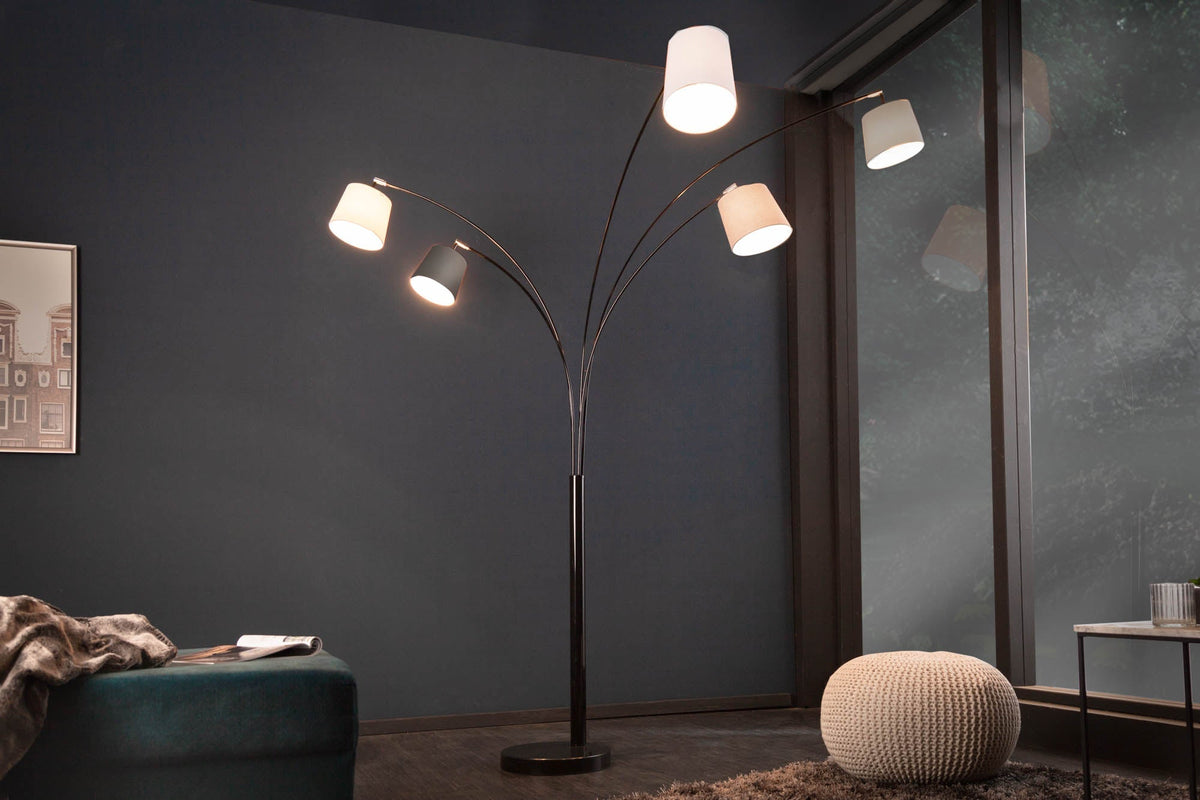 Lampe arc design LEVELS 205cm noir gris 5 abat-jour lin lampadaire