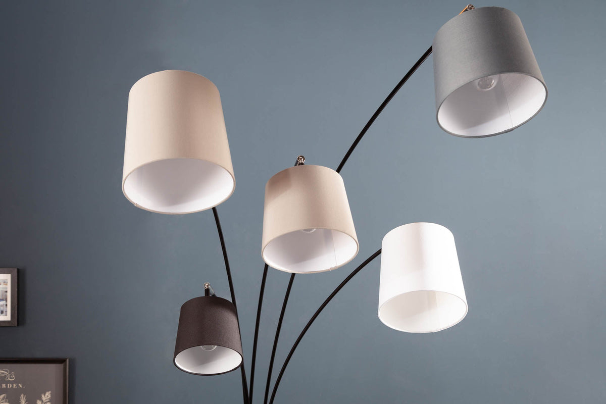 Lampe arc design LEVELS 205cm noir gris 5 abat-jour lin lampadaire