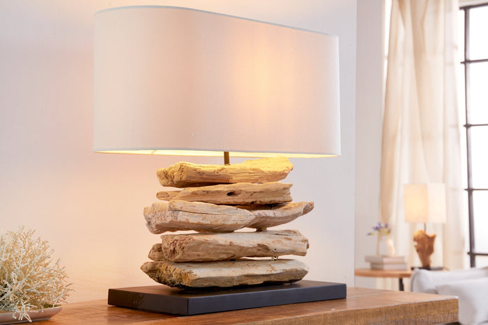 Lampe artisanale en bois flotté RIVERINE 55 cm crème abat-jour en lin de table