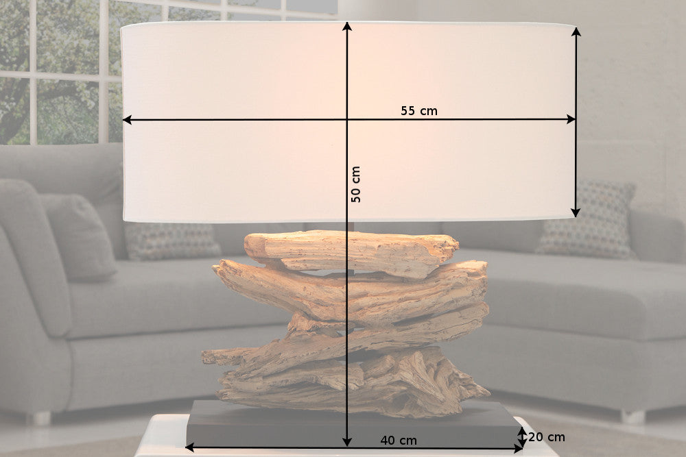 Lampe artisanale en bois flotté RIVERINE 55 cm crème abat-jour en lin de table
