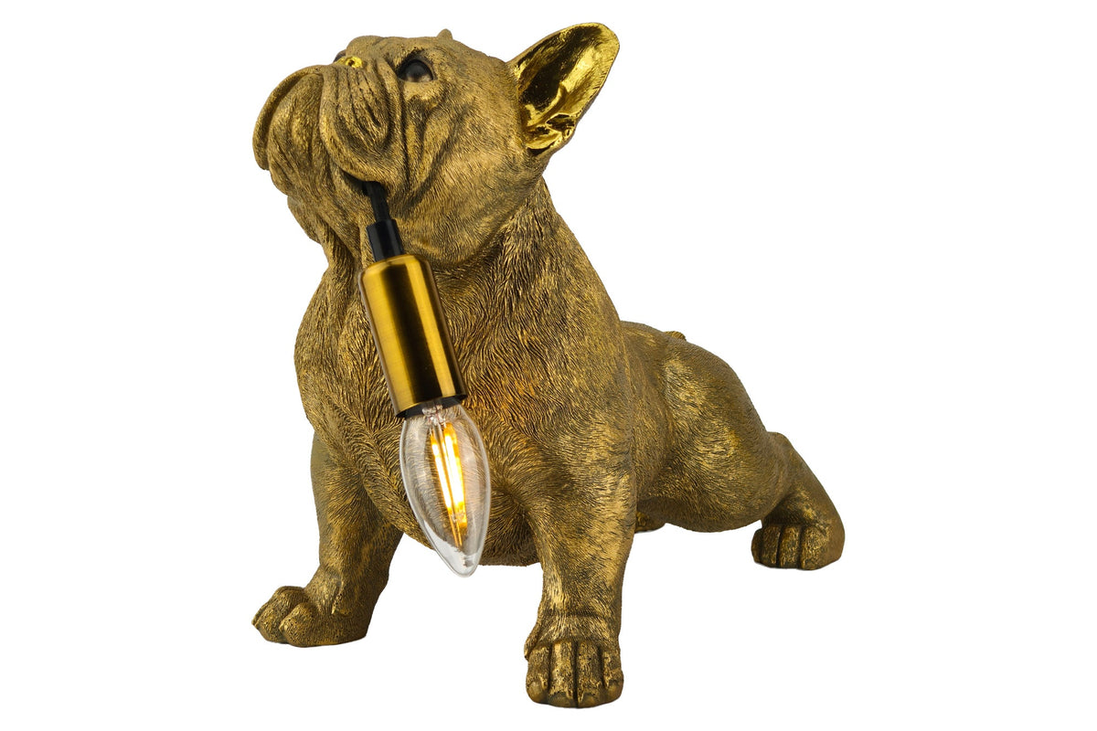 Lampe de table artisanale BULLDOG 35cm or sculpture de chien