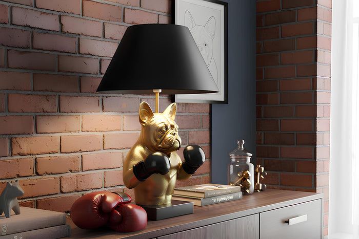 Lampe de table artisanale BULLDOG 55cm noir or abat-jour en tissu sculpture de chien Boxer