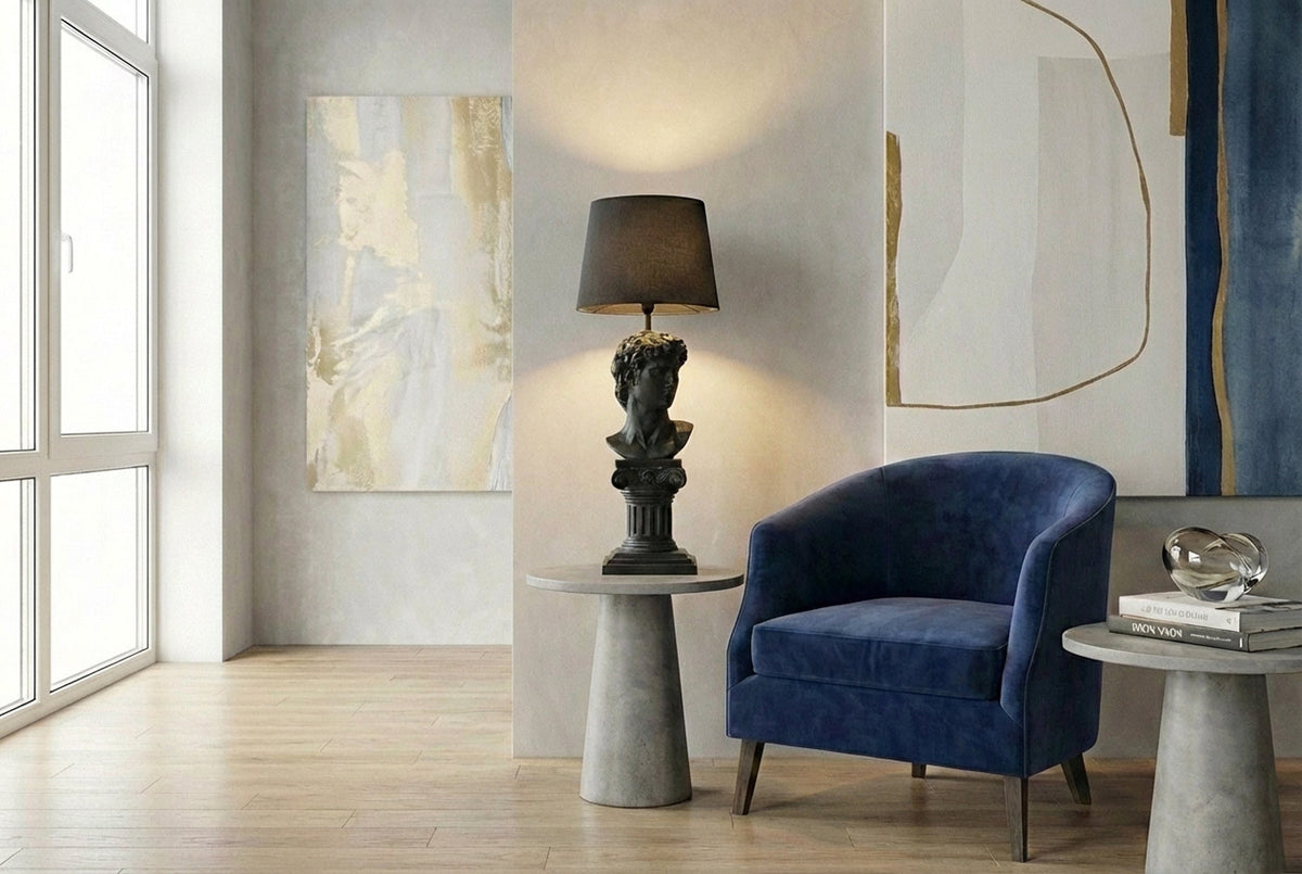 Lampe de table artisanale DAVID 70cm noir avec abat-jour en tissu buste