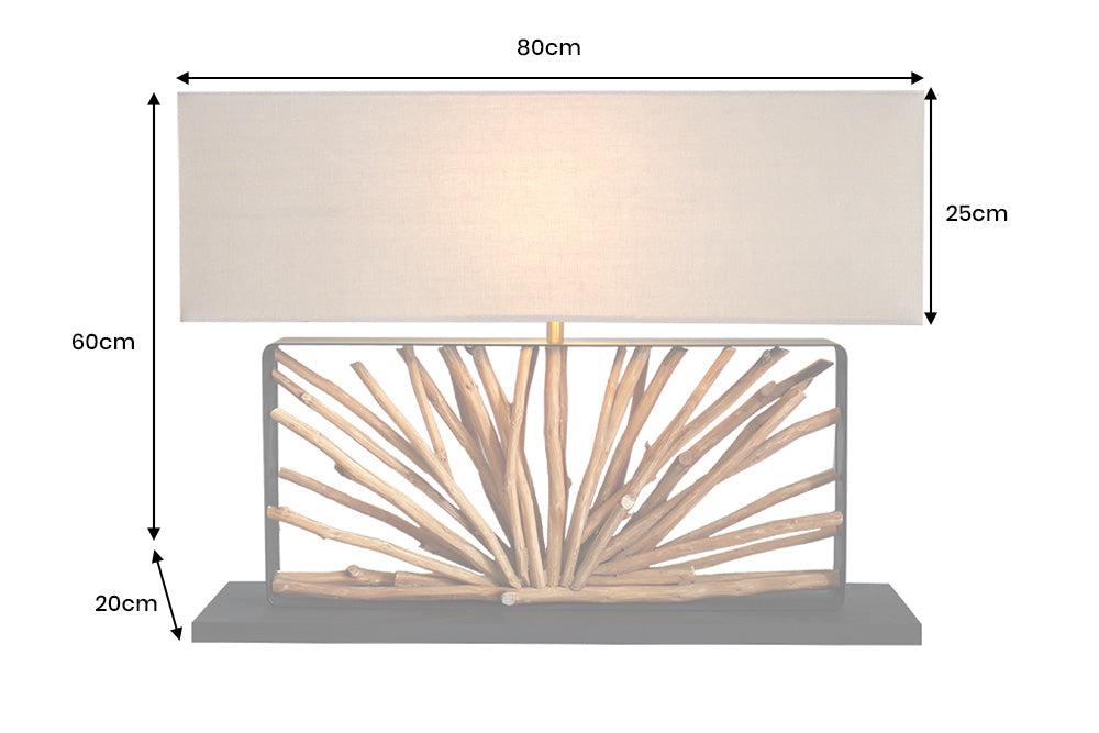 Lampe de table artisanale EUPHORIA 80cm naturel bois de Longan beige avec abat-jour en lin