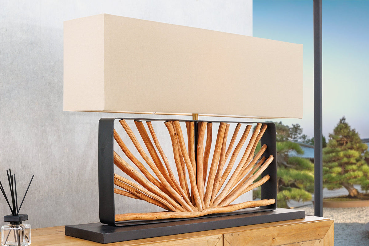 Lampe de table artisanale EUPHORIA 80cm naturel bois de Longan beige avec abat-jour en lin