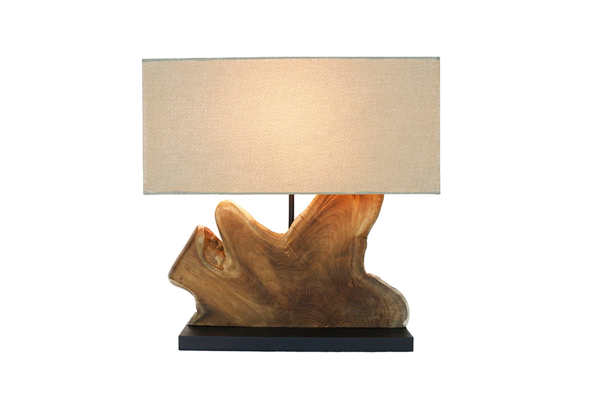 Lampe de table artisanale HYPNOTIC 50cm en teck naturel beige avec abat-jour en lin.