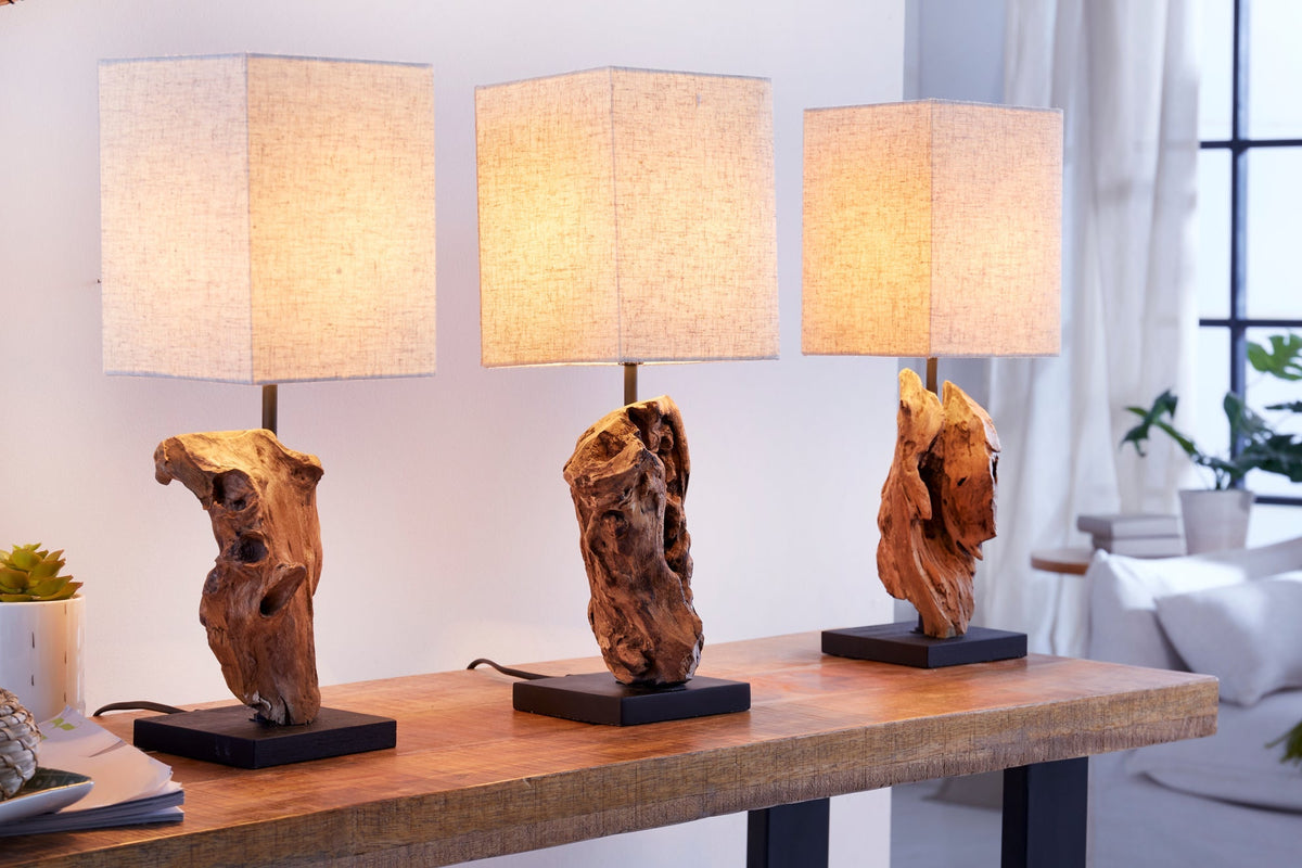 Lampe de table artisanale HYPNOTIC en bois flotté 45 cm beige, abat‑jour lin