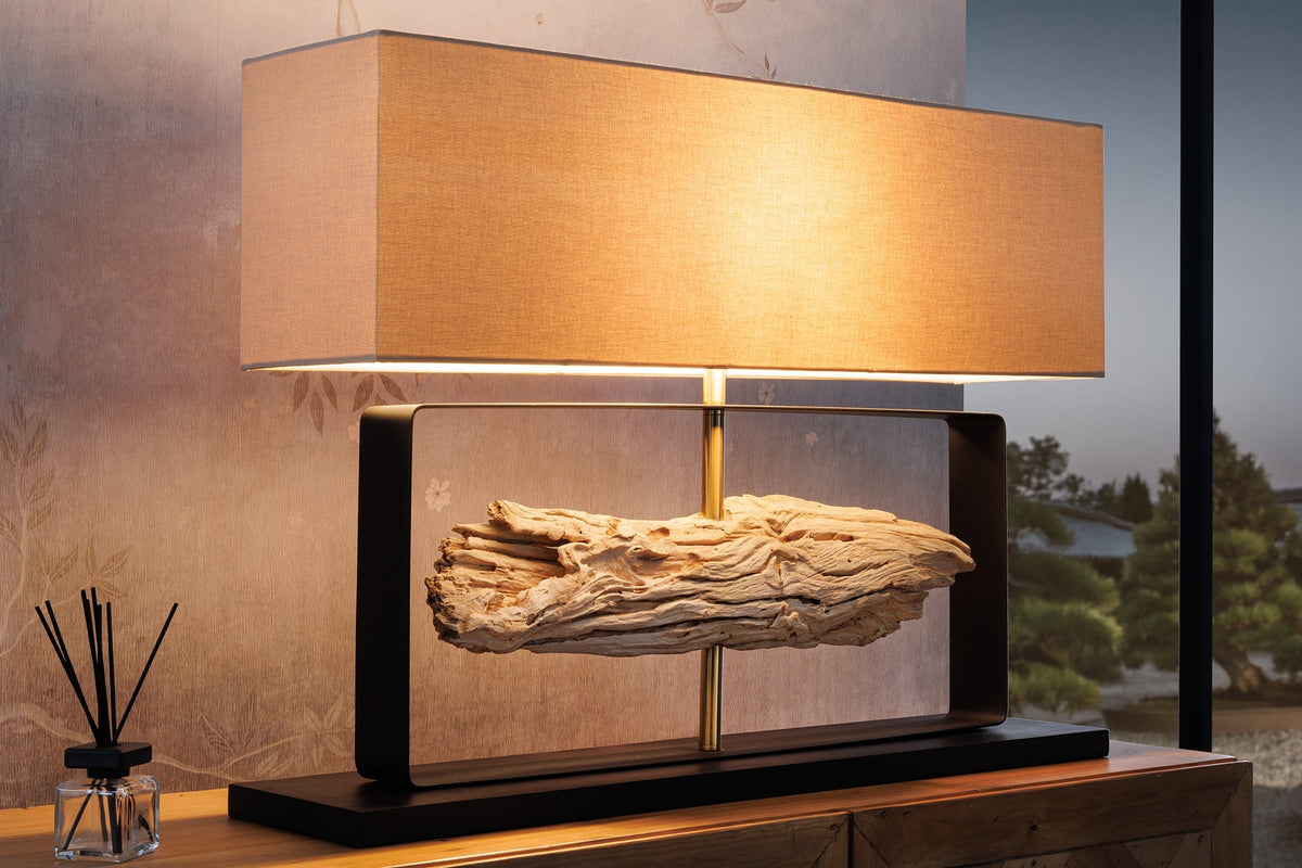 Lampe de table artisanale ROUSILIQUE 80 cm bois de fer naturel beige avec abat-jour