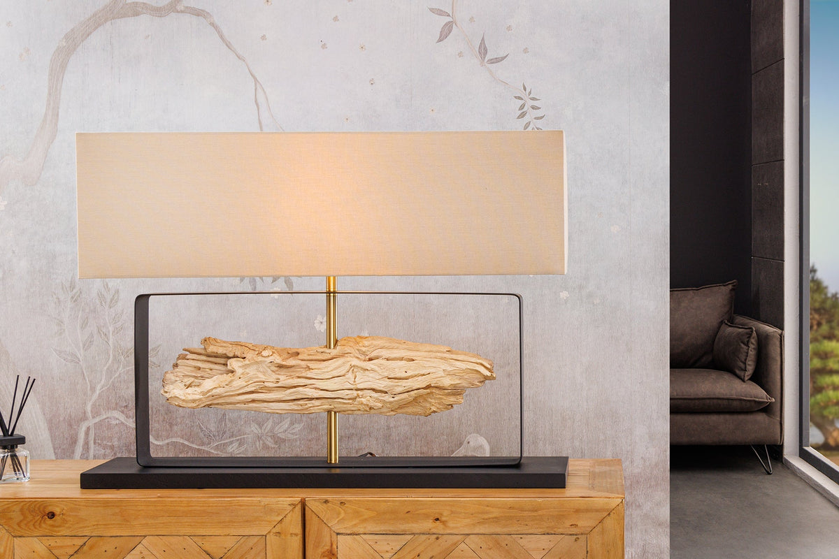 Lampe de table artisanale ROUSILIQUE 80 cm bois de fer naturel beige avec abat-jour
