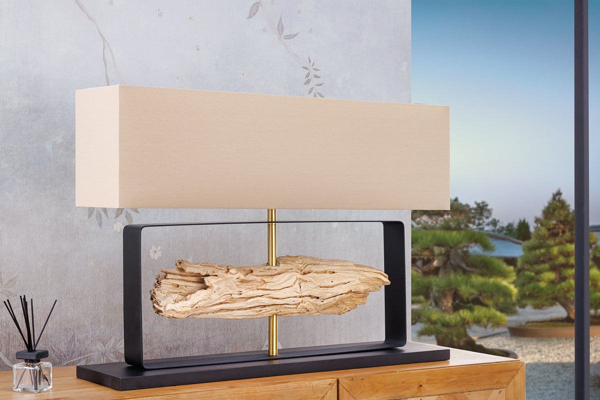 Lampe de table artisanale ROUSILIQUE 80 cm bois de fer naturel beige avec abat-jour
