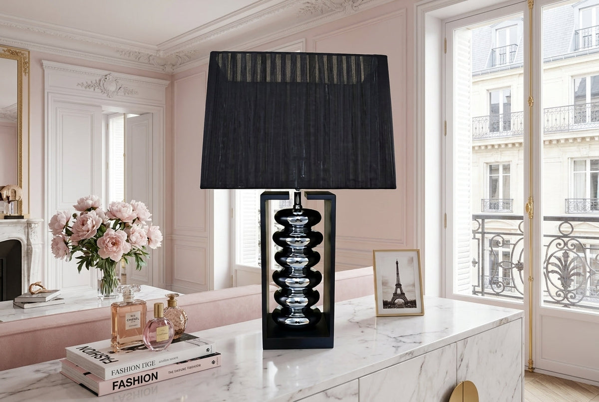 Lampe de table décorative GRACIA 55cm noir argenté avec abat-jour en tissu inclinable et pied en bois