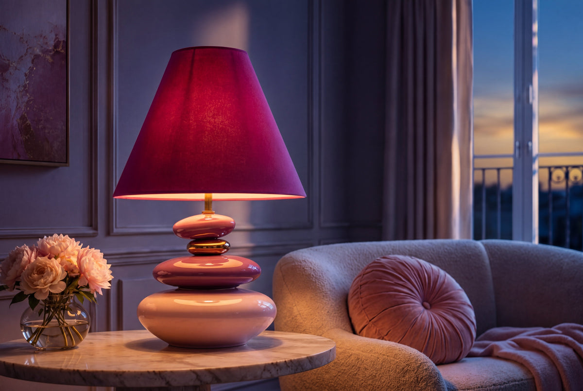 Lampe de table décorative STONES OF ECSTASY 60cm rose rose or avec abat-jour en tissu rond