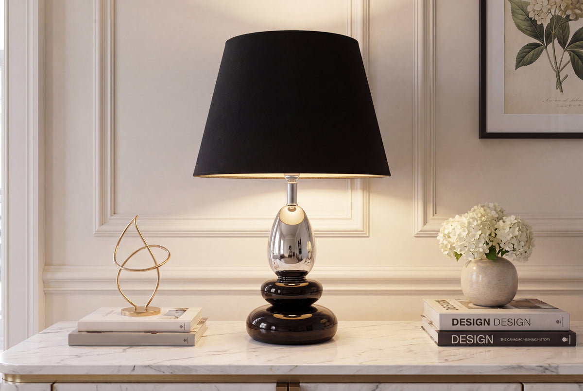 Lampe de table décorative STONES OF ZEN 45cm noir argent avec abat-jour en tissu rond inclinable (réf. 70019)