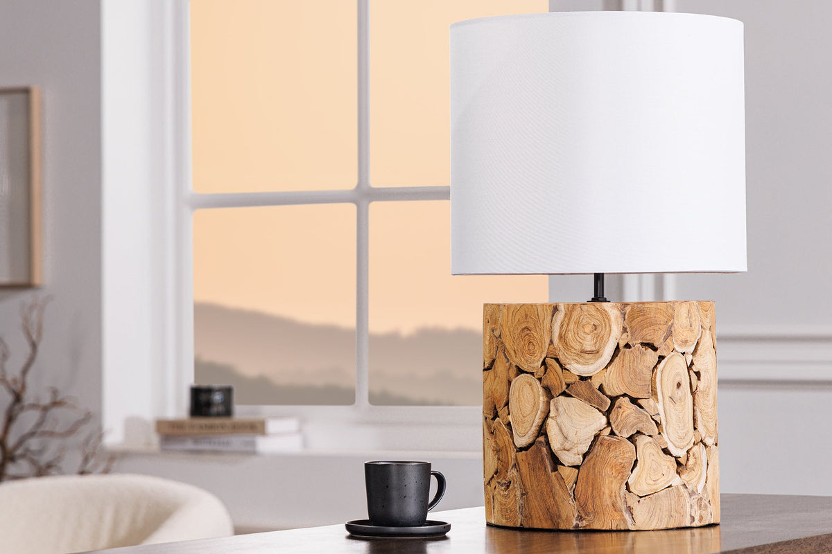 Lampe de table Design PURE NATURE 45cm naturelle faite main en bois d'acier abat-jour en coton blanc