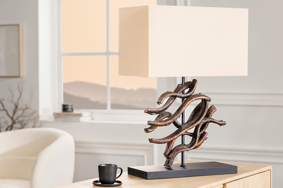 Lampe de table design WAVE 60 cm naturel bois massif fait main abat-jour en coton beige