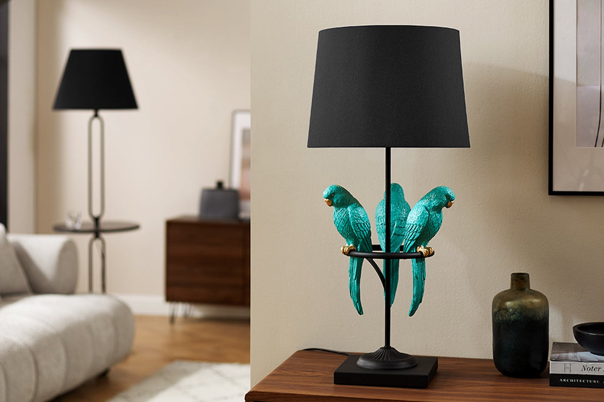 Lampe de table design WILDLIFE 75cm noir turquoise ronde sculptures de perroquet avec pied en marbre