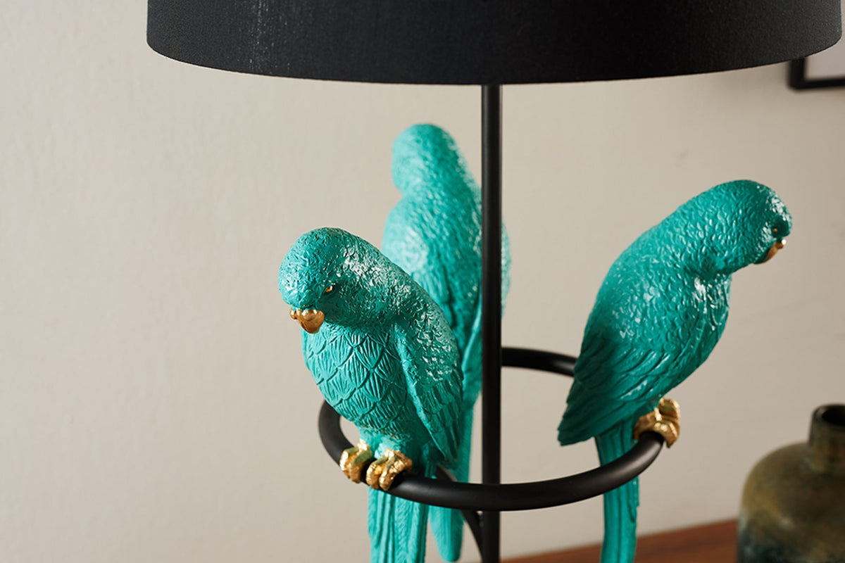 Lampe de table design WILDLIFE 75cm noir turquoise ronde sculptures de perroquet avec pied en marbre