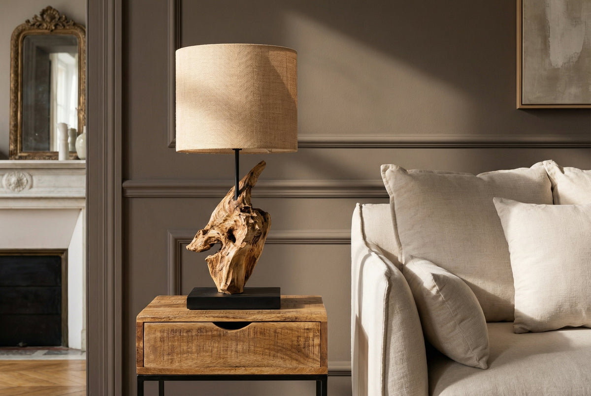 Lampe de table en bois flotté HYPNOTIC 60cm naturel Abat-jour en lin