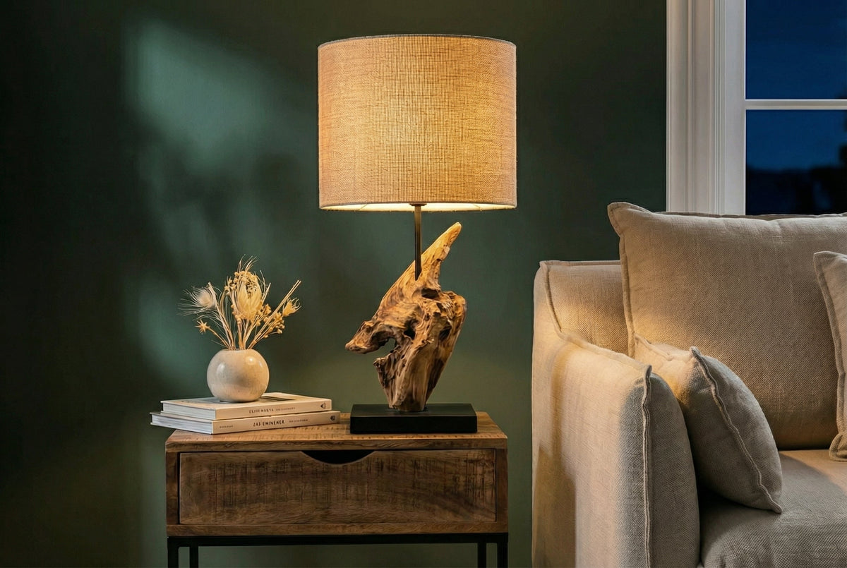 Lampe de table en bois flotté HYPNOTIC 60cm naturel Abat-jour en lin