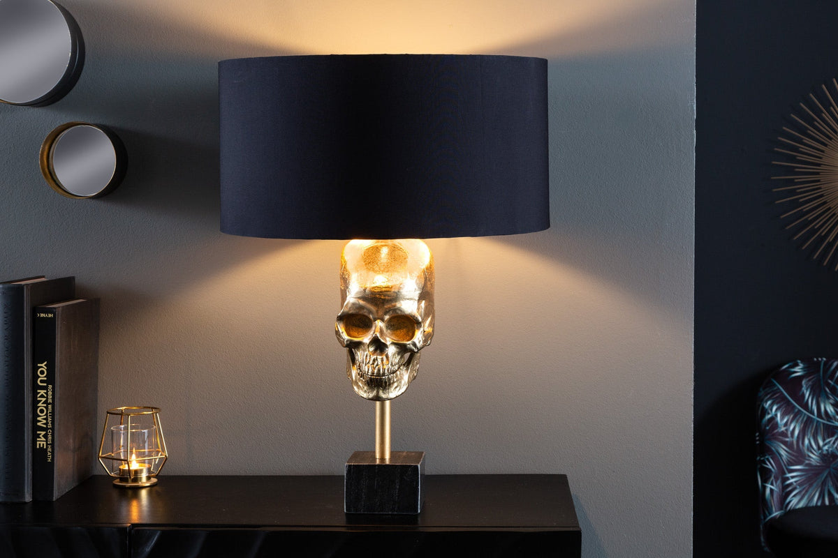 Lampe de table extravagante SKULL 56 cm noir et or métal tête de mort sculpture luminaire (réf. 41529)