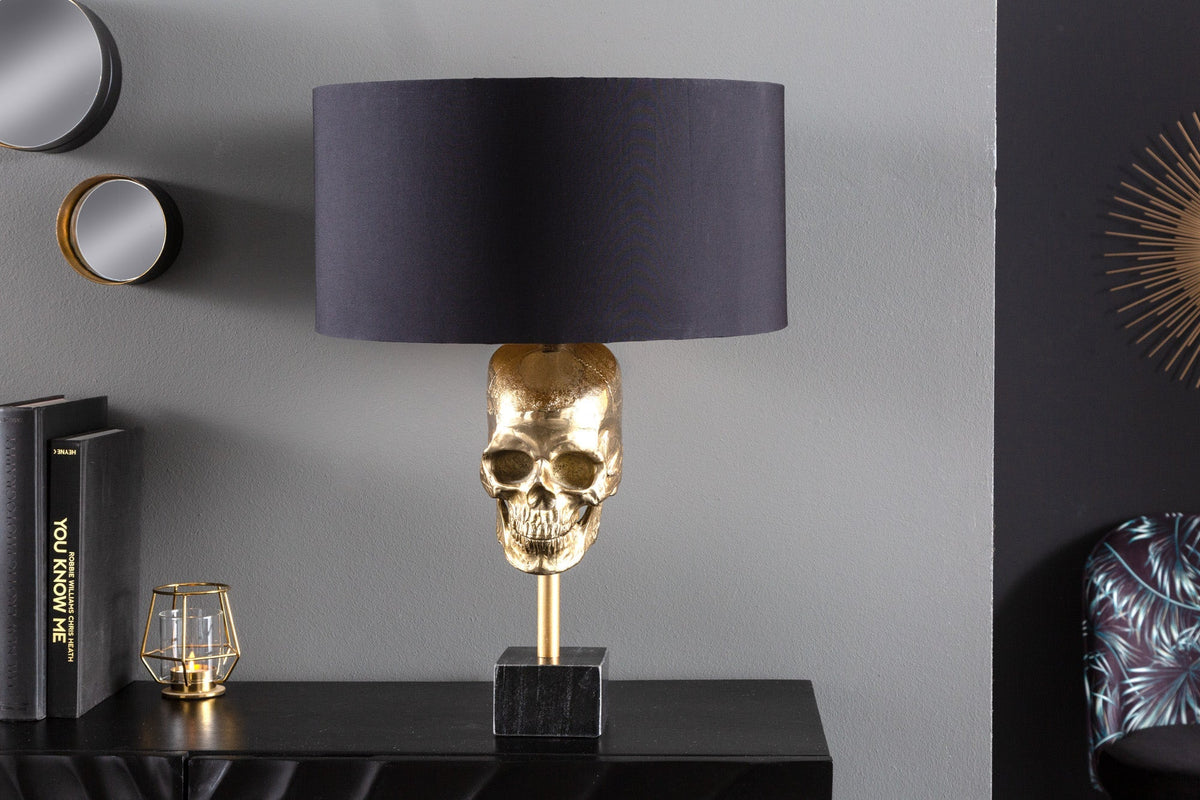 Lampe de table extravagante SKULL 56 cm noir et or métal tête de mort sculpture luminaire (réf. 41529)