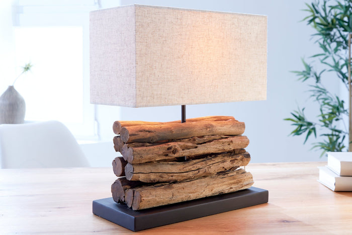 Lampe de table faite main PERIFERE 40 cm abat-jour en lin bois flotté beige