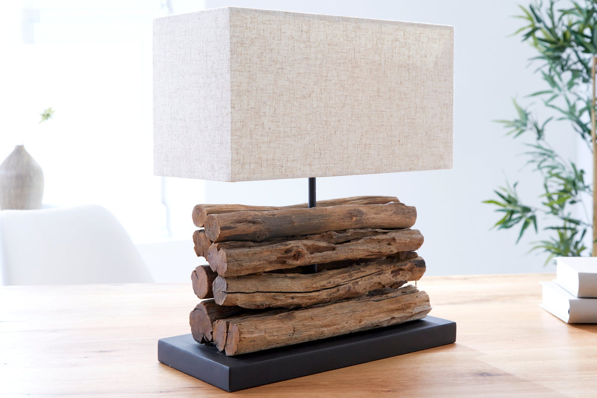 Lampe de table faite main PERIFERE 40 cm abat-jour en lin bois flotté beige