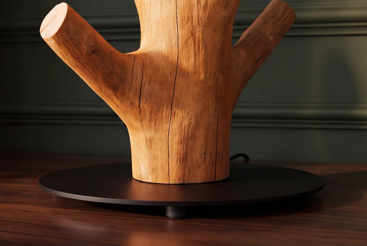 Lampe de table massive JEWELRY 60cm naturelle bois de mangoustan abat-jour en tissu blanc