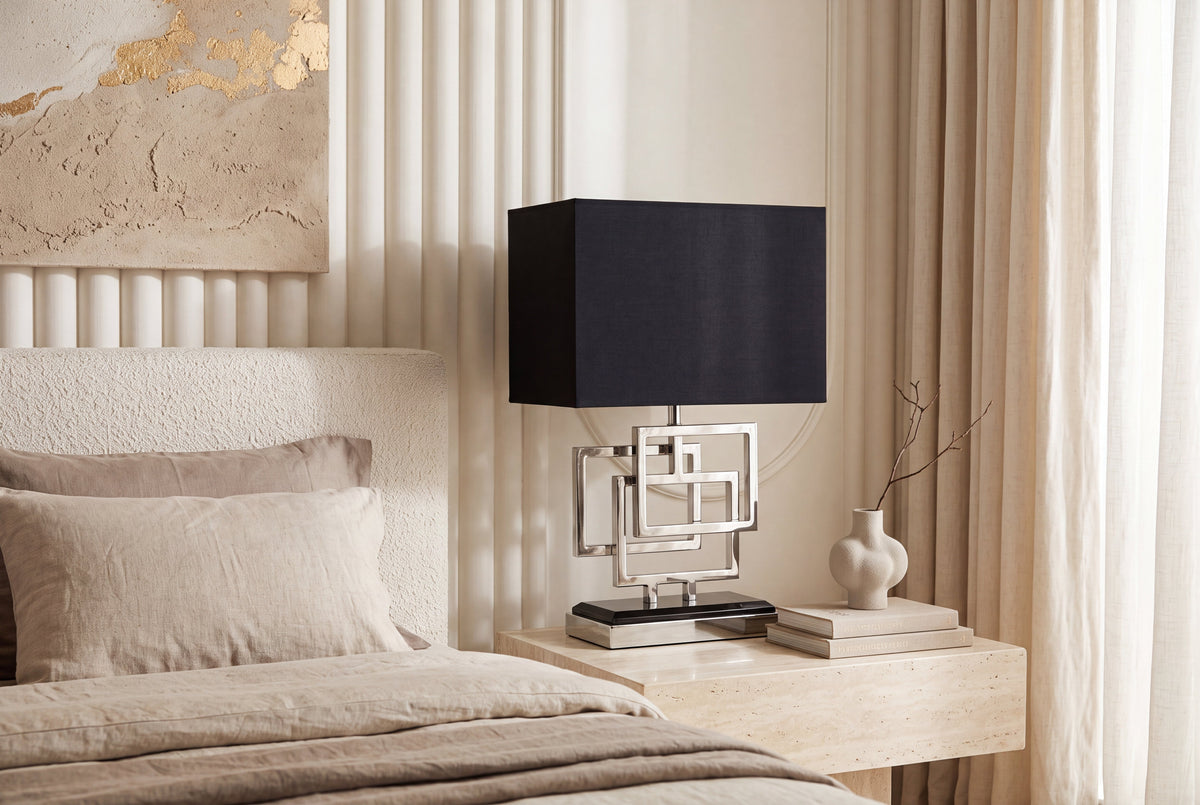 Lampe de table moderne ATLANTIS 56 cm argent abat-jour en tissu noir marbre