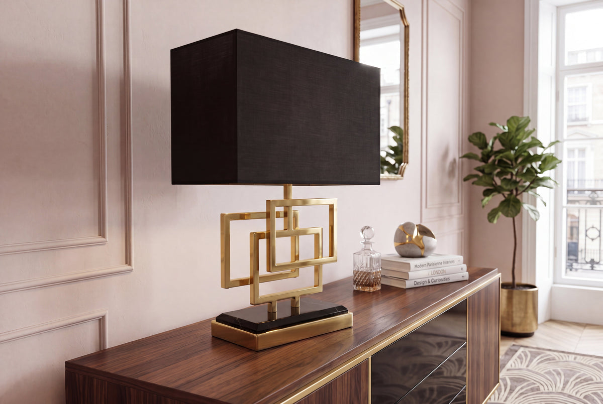 Lampe de table moderne ATLANTIS 56cm abat-jour en tissu doré marbre noir