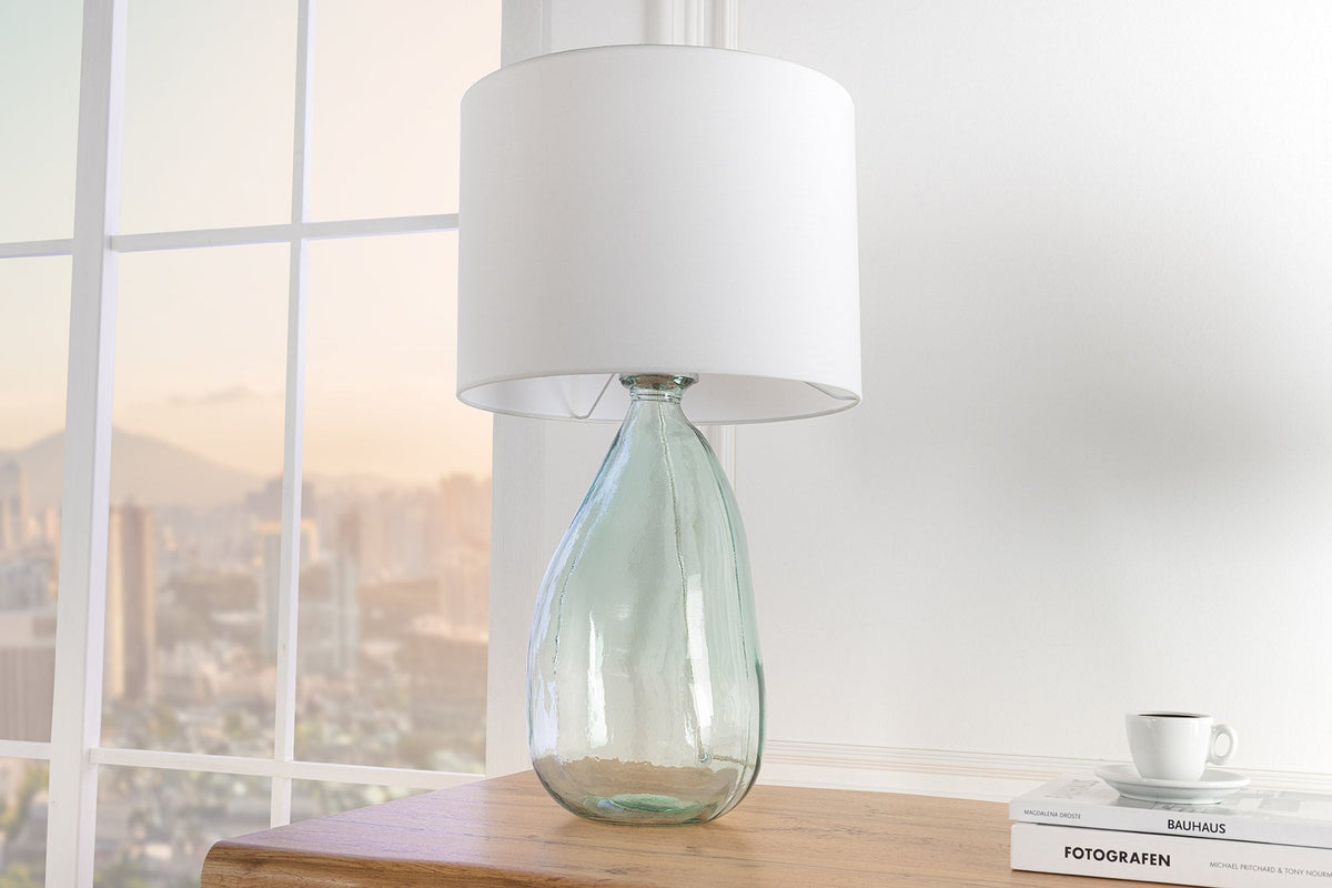 Lampe de table moderne CLASSIC 60cm verre recyclé transparent abat-jour en tissu blanc