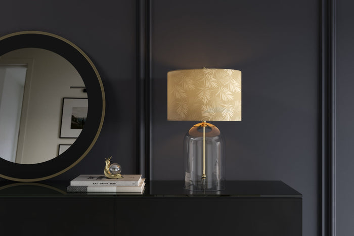 Lampe de table moderne CLASSICO 50cm verre transparent abat-jour lin doré blanc