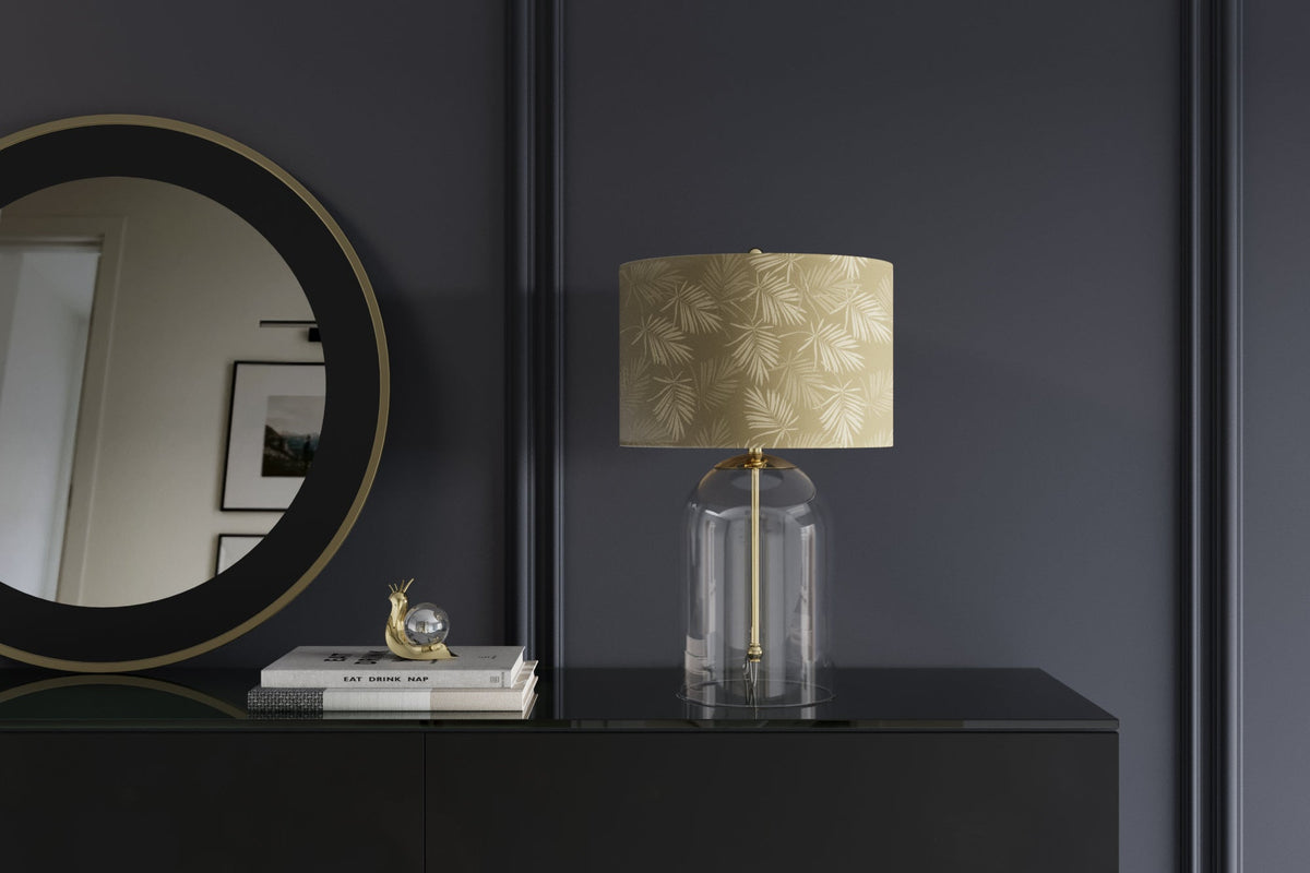 Lampe de table moderne CLASSICO 60 cm verre transparent blanc or abat-jour en lin