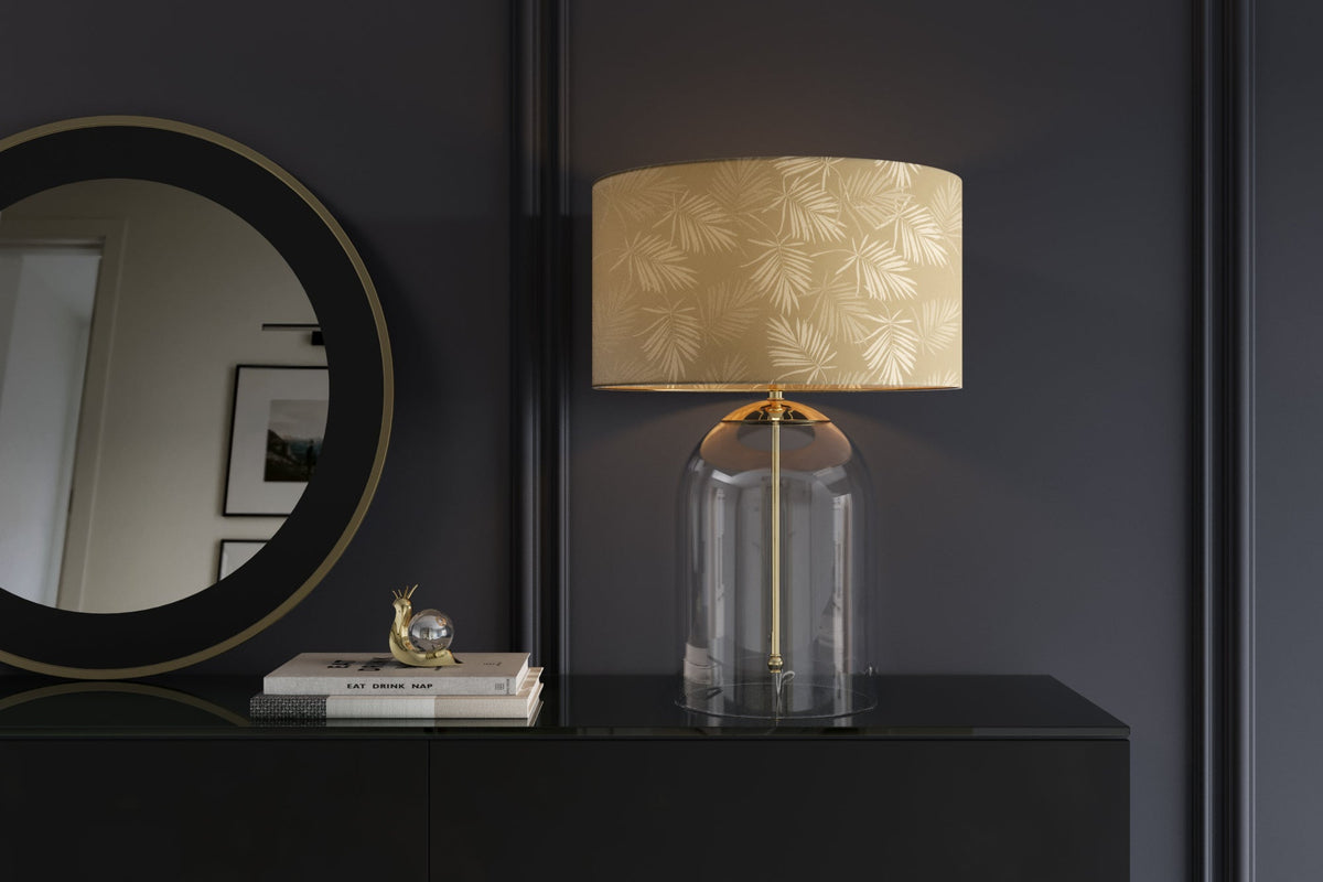 Lampe de table moderne CLASSICO 60 cm verre transparent blanc or abat-jour en lin