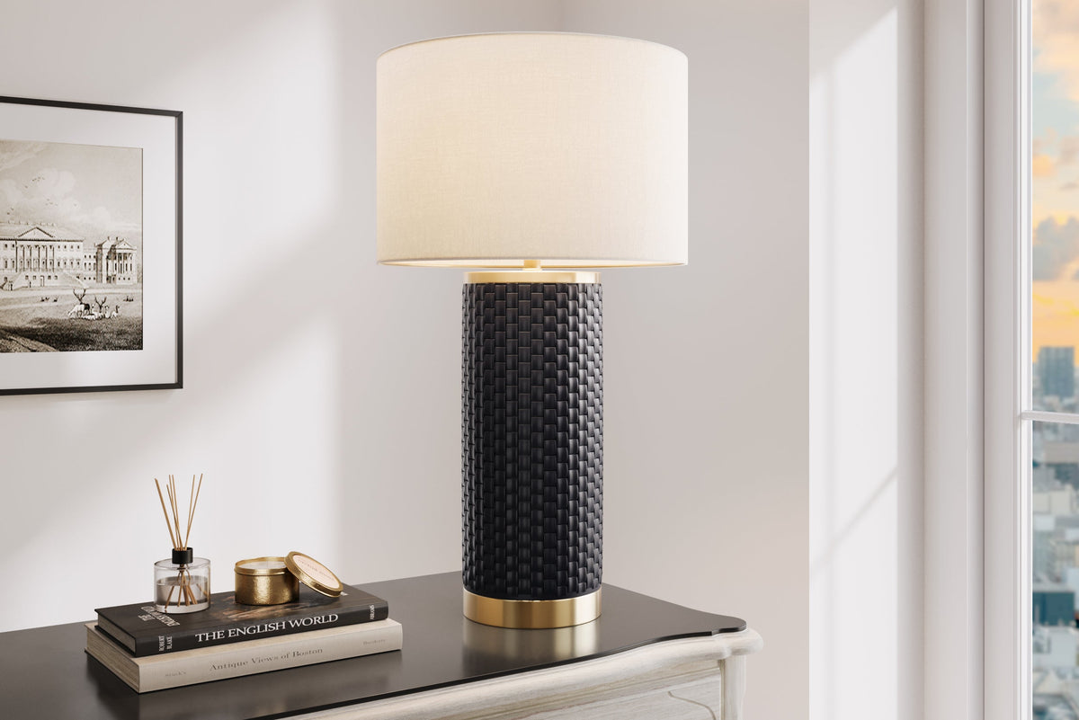 Lampe de table moderne ELEGANCIA 70cm abat-jour rond en tissu céramique noir doré