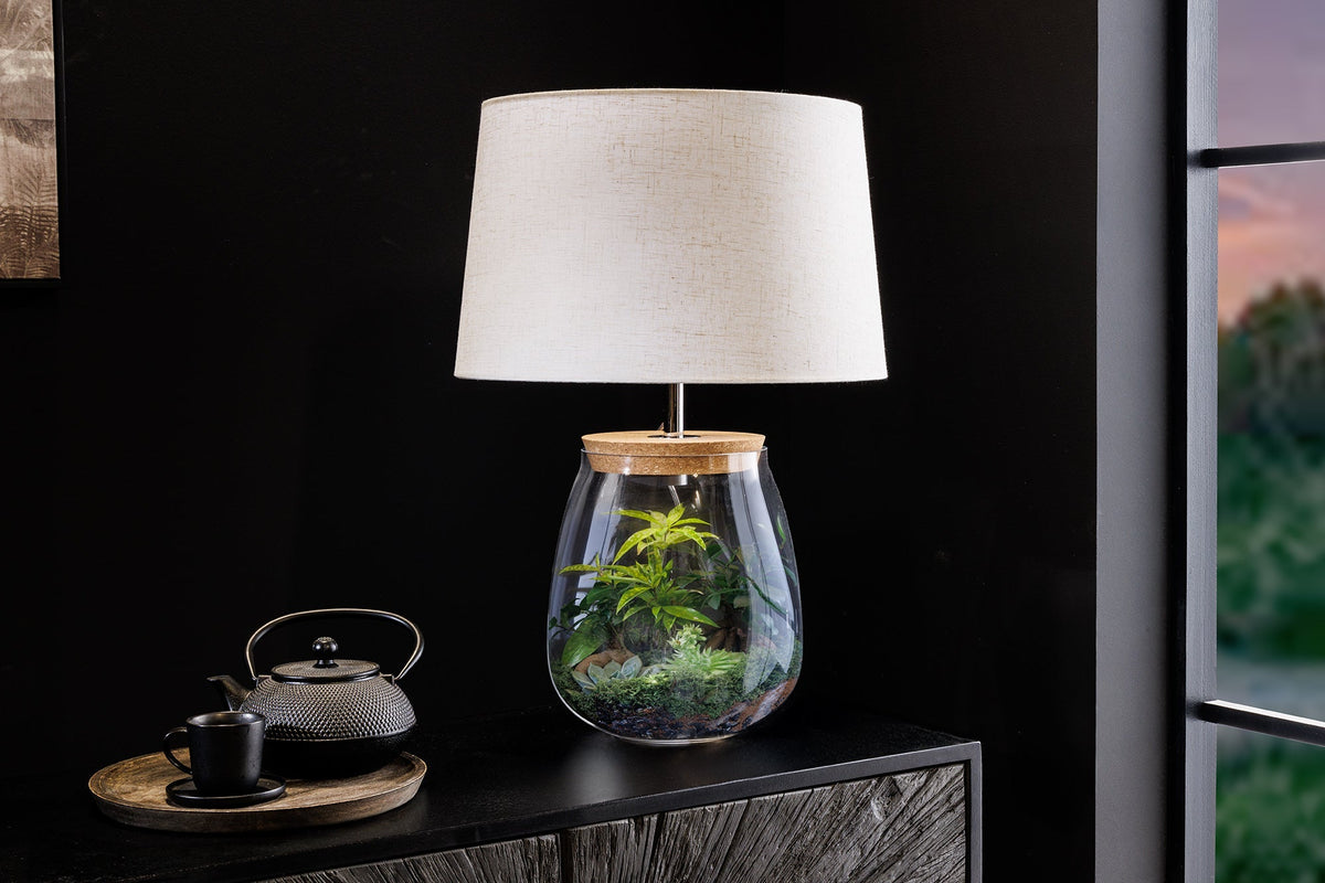 Lampe de table remplissable CLASSICO 60 cm blanc verre transparent avec abat-jour en lin