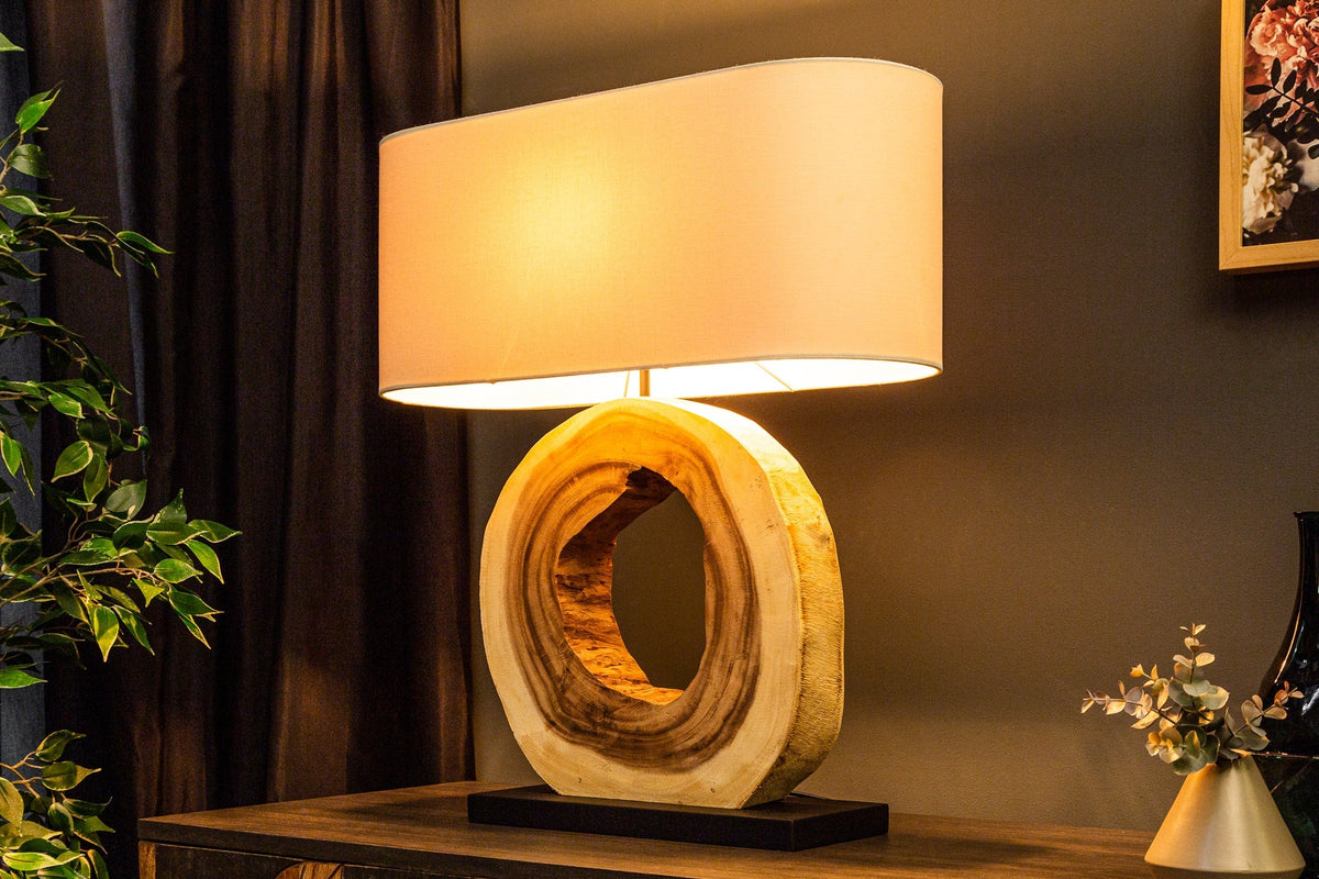 Lampe de table unique ORGANIC ARTWORK 65 cm nature crème blanc arbre arc-en-ciel avec abat-jour en lin