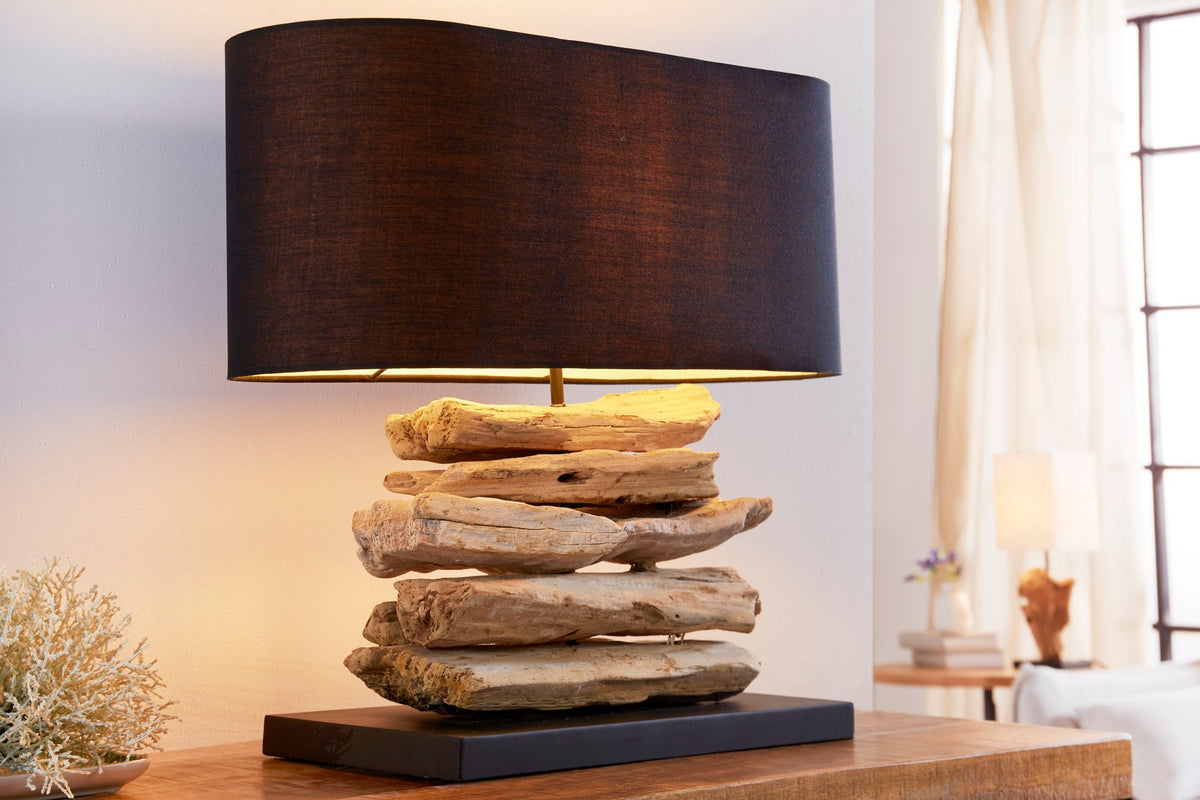 Lampe en bois flotté faite à la main RIVERINE 55cm noir abat-jour en lin lampe de table