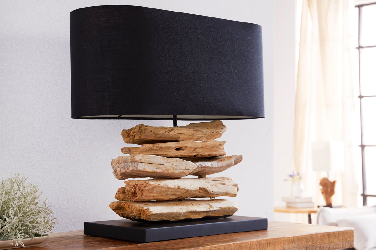 Lampe en bois flotté faite à la main RIVERINE 55cm noir abat-jour en lin lampe de table