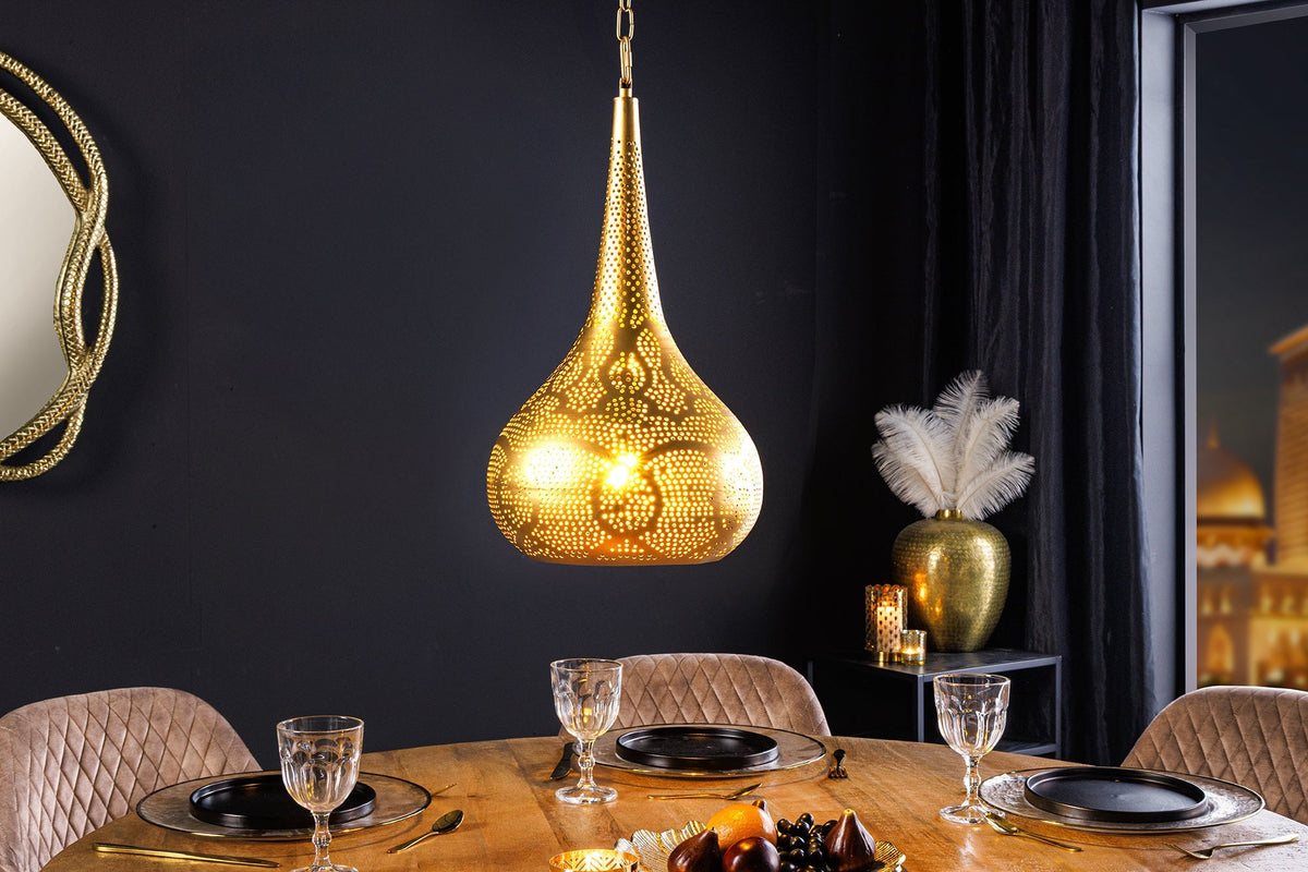 Lampe suspendue faite main ORIENT LIVING 50cm forme larme en fer doré