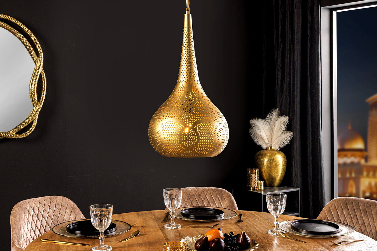 Lampe suspendue faite main ORIENT LIVING 50cm forme larme en fer doré