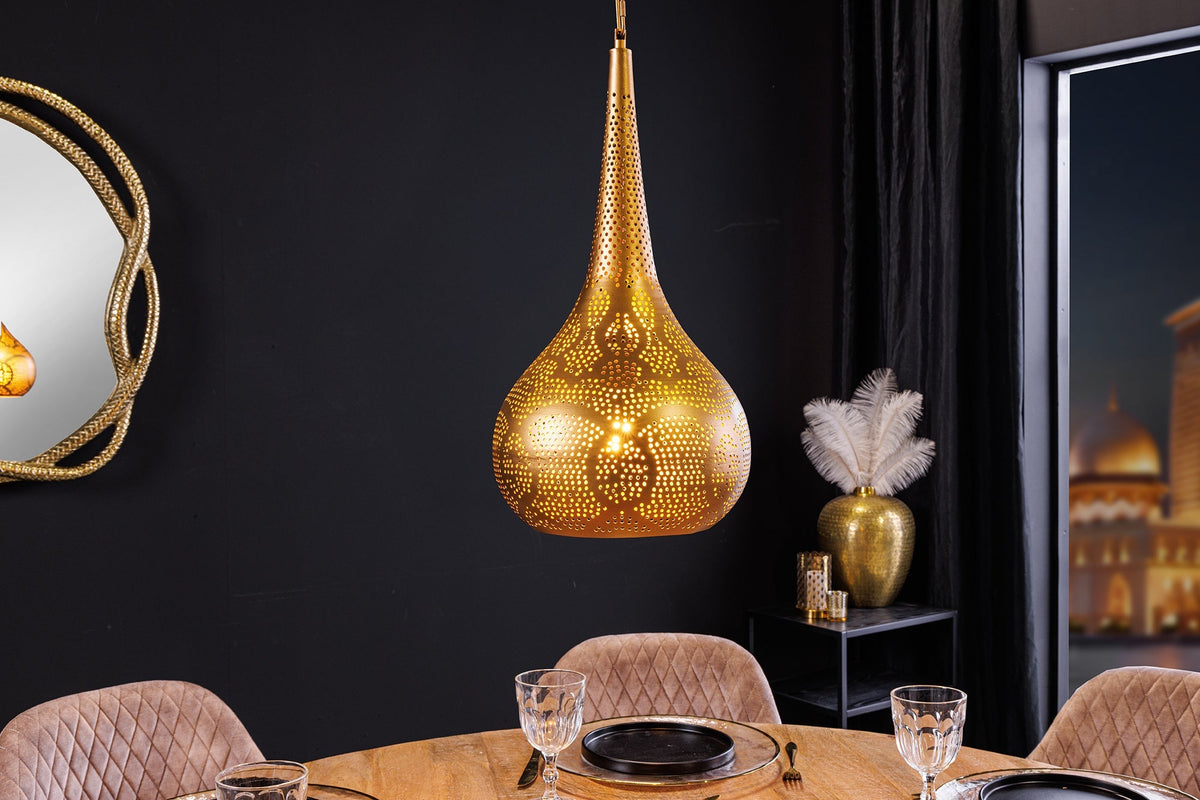 Lampe suspendue faite main ORIENT LIVING 50cm forme larme en fer doré