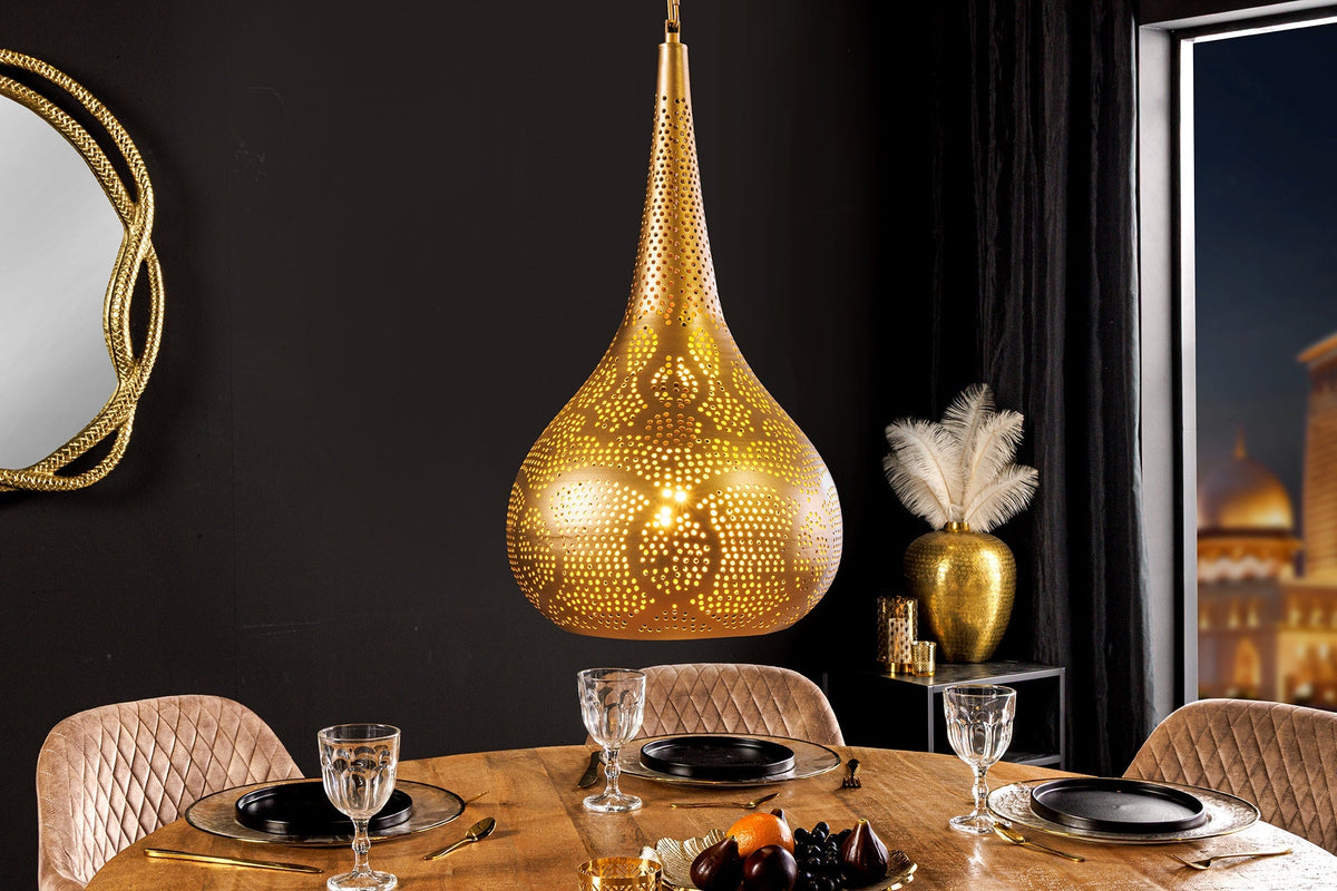 Lampe suspendue faite main ORIENT LIVING 50cm forme larme en fer doré