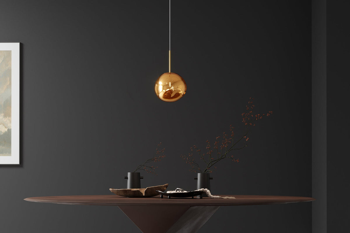 Lampe suspendue ronde LIQUID DIAMOND 20cm boule acier verre doré