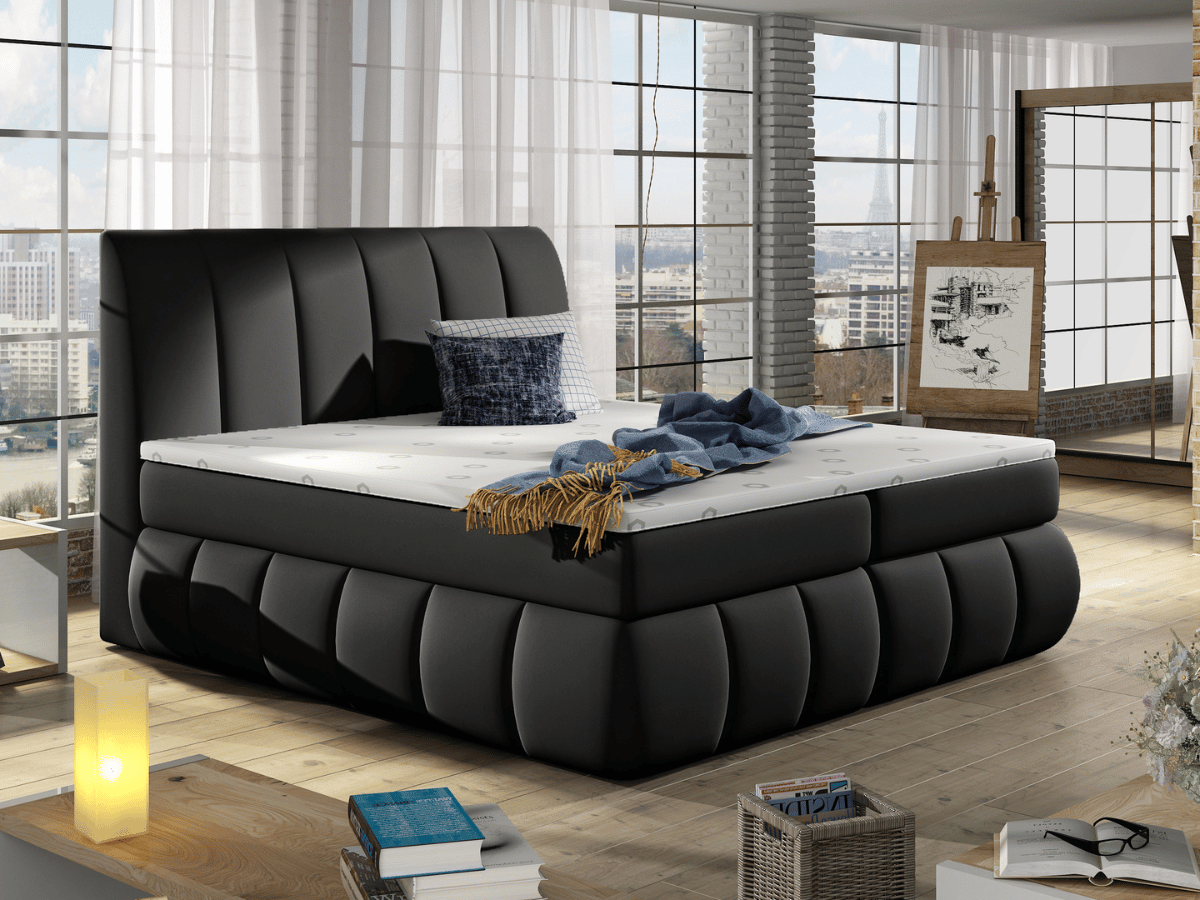 Lit Boxspring Mateo – Lit Complet avec Matelas, Sommier, Coffre de Rangement et Tête de Lit Design