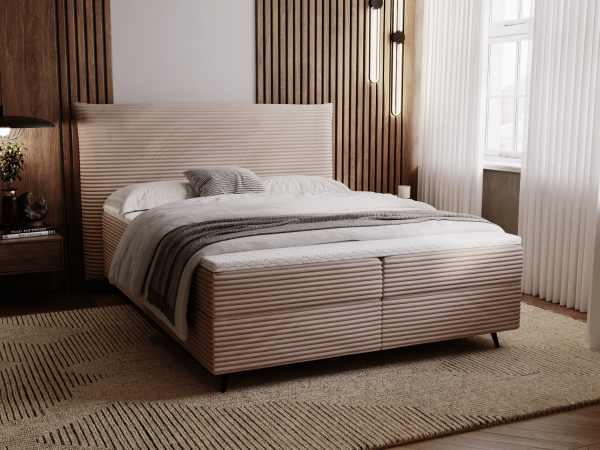 Ensemble complet boxspring tête de lit + sommiers + matelas + surmatelas - Tissu velours côtelé - LANA