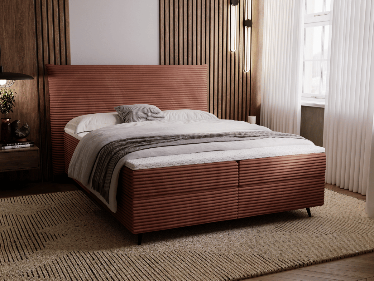 Ensemble complet boxspring tête de lit + sommiers + matelas + surmatelas - Tissu velours côtelé - LANA