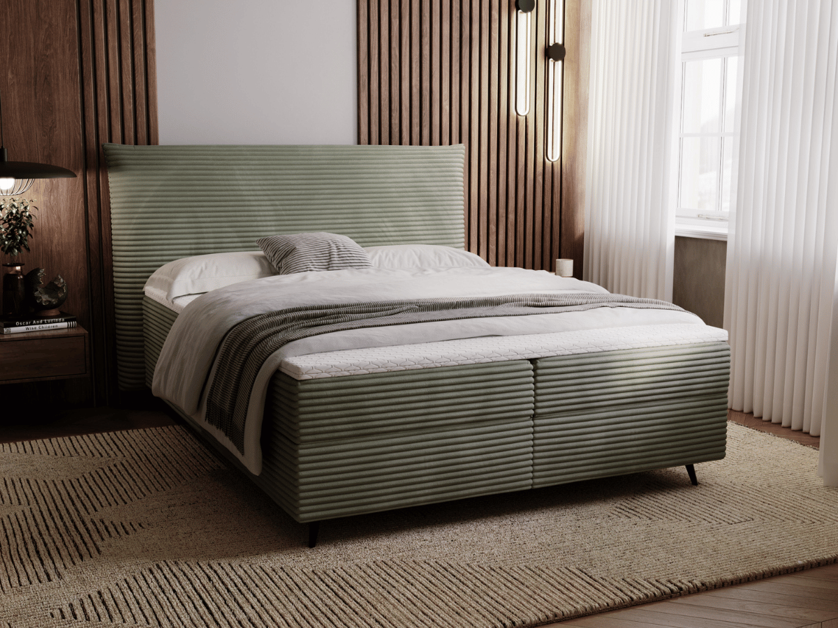 Ensemble complet boxspring tête de lit + sommiers + matelas + surmatelas - Tissu velours côtelé - LANA