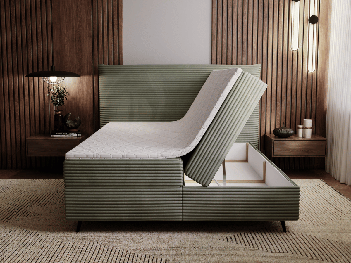Ensemble complet boxspring tête de lit + sommiers + matelas + surmatelas - Tissu velours côtelé - LANA